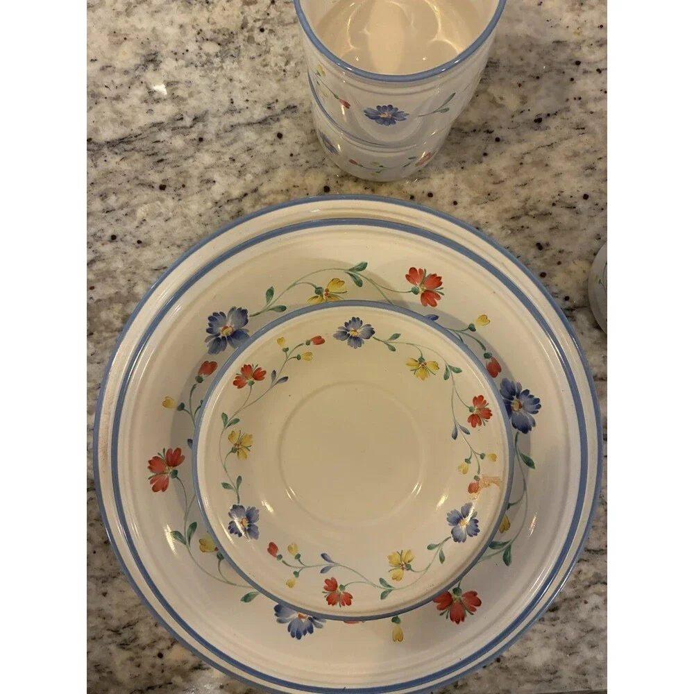 Savoir Vivre Summer Garden Set- Platter, Creamer, Bowls, Saucer Cup Set of 16